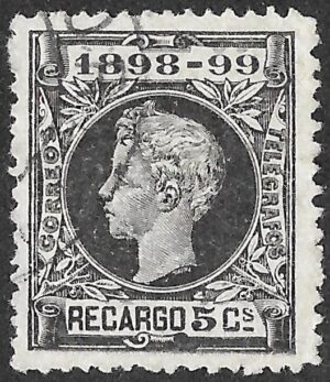 Spain. 1898. King Alfonso XIII. WAR TAX SURCHARGE 5 CÉNTIMOS BLACK. EDIFIL 240 Cancelled. S226