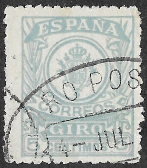Spain. 1911. Giro Postal. 5 CÉNTIMOS PALE BLUE. EDIFIL Giro Postal 1 Cancelled. S255