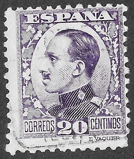 S347 – Spain 1930 – Alfonso XIII Vaquer Profile – 20 Céntimos Violet – Edifil 494 – Used