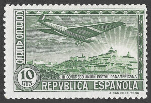 S366 – Spain 1931 – III Pan-American Postal Union Congress airmail, aircraft above Madrid – 10 céntimos – Edifil 615 – MLH