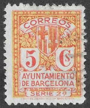 S390 – Spain 1932 – Ayuntamiento de Barcelona, Serie 2ª – 5 céntimos Orange-red and yellow – specialised Edifil reference pending – Used