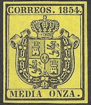 Spain. 1854. Coat of Arms. Official Service — ½ Onza — Black on Yellow. EDIFIL 28. MH. S146