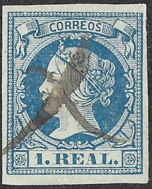 Spain. 1860. Queen Isabella II - Colored Paper. 1 Real Blue. EDIFIL 55. Cancelled. S156