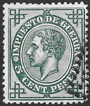 Spain. 1876. King Alonso XII. Impuesto de Guerra. 5 céntimos verde. EDIFIL 183. Cancelled. S197