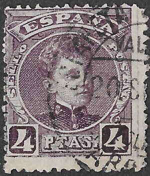 Spain. 1901. King Alfonso XIII. 4 PESETAS BLACKISH VIOLET. EDIFIL 254 Cancelled. S239