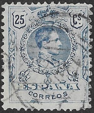 Spain. 1909. King Alfonso XIII. 25 CÉNTIMOS BLUE. EDIFIL 274 Cancelled. S250