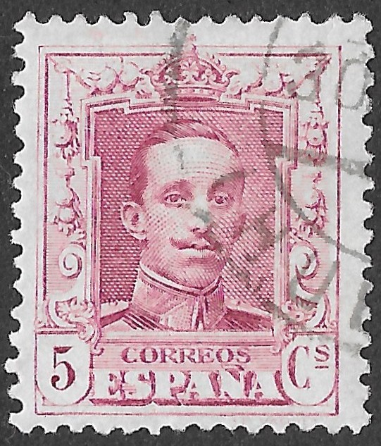 Spain. 1922. Alfonso XIII. Tipo Vaquer. 5 CÉNTIMOS CARMINE. EDIFIL 312. Cancelled. S272