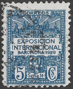 S305 – Spain 1929 – Exposición Internacional de Barcelona – Municipal Postal Surtax, Serie 1ª – 5 céntimos – Edifil Barcelona Municipal Surtax No. 1 (provisional) – Used / Cancelled