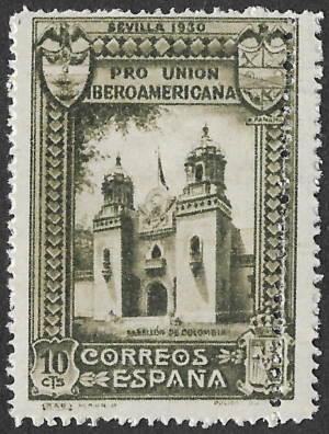 S330 – Spain 1930 – Pro Unión Iberoamericana – Colombian Pavilion — additional vertical perforation row – 10 Céntimos – Edifil 569 – MNH