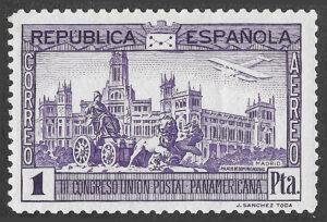S373 – Spain 1931 – III Pan-American Postal Union Congress – Airmail – 1 peseta – Edifil 618 – MLH