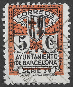 S391 – Spain 1932 – Ayuntamiento de Barcelona, Serie 3ª – 5 céntimos Orange and black – specialised Edifil reference pending – Used