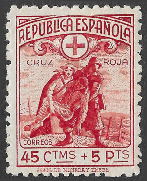S421 – Spain 1938 – Spanish Red Cross – nurse and medical orderly carrying wounded soldier – 45 céntimos + 5 pesetas – Edifil 767 – MH