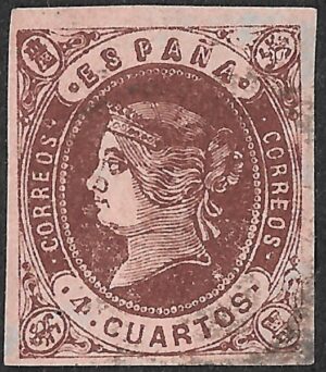 Spain. 1862. Queen Isabella II - Colored Paper. 4 Cuartos Chestnut on Buff. 58A — Type II (Large numeral 4). Cancelled. S157