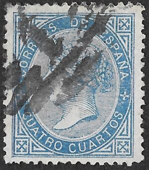Spain. 1867. Queen Isabella II. 4 Cuartos Blue. EDIFIL 88. Cancelled. S163