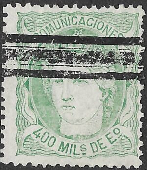 Spain. 1870. Allegory of Spain. Definitives Issue. 400 Milésimas de Escudo Green. EDIFIL 110. Cancelled. S173