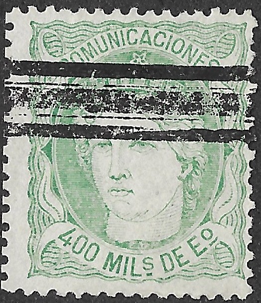 Spain. 1870. Allegory of Spain. Definitives Issue. 400 Milésimas de Escudo Green. EDIFIL 110. Cancelled. S173