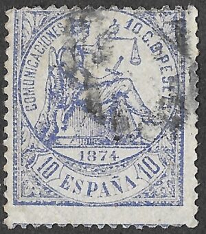 Spain. 1874. FIRST REPUBLIC. Allegory of Justice. 10 CÉNTIMOS ULTRAMARINE. EDIFIL 145. Cancelled. S182