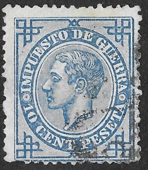 Spain. 1876. King Alonso XII. Impuesto de Guerra. 10 céntimos azul. EDIFIL 184. Cancelled. S198