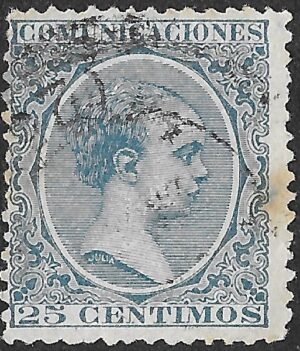 Spain. 1889. King Alfonso XIII. 25 CÉNTIMOS BLUE. EDIFIL 221 Cancelled. S216