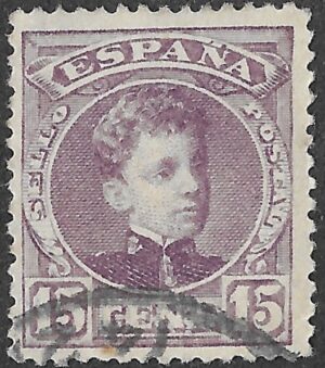 Spain. 1902. King Alfonso XIII. 15 CÉNTIMOS LILAC-BROWN. EDIFIL 245 Cancelled. S240