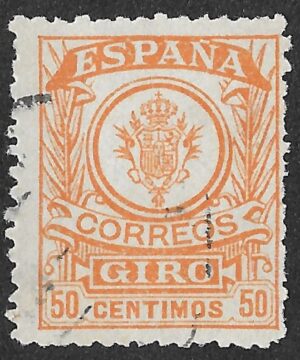 Spain. 1911. Giro Postal. 50 CÉNTIMOS ORANGE. Specialised Giro Postal number pending verification Cancelled. S257