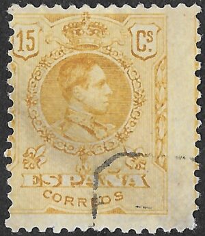Spain. 1917. Alfonso XIII. 15 CÉNTIMOS YELLOW. BLUE CONTROL NUMBER. EDIFIL 271; blue-control-number variety to verify. Cancelled. S263