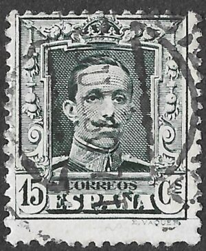 Spain. 1922. Alfonso XIII. Tipo Vaquer. 15 CÉNTIMOS DARK GREY-GREEN. EDIFIL 315A? Type II (provisional). Cancelled. S277