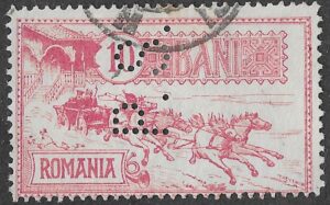 Romania. 1903. Opening of the New Post Office in Bucharest / Mail Coach issue. 10 Bani. Rose. K14 × 13½. Perfin P.S. Cancelled. S121