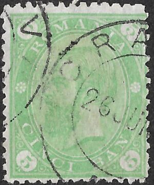 Romania. 1890-1891. King Carol I – Double Oval (Doppeloval). 5 Bani. Green. Mi85. Perf. L13½ × 13½. Cancelled. S105