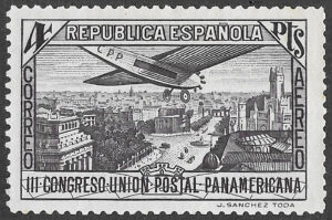 S374 – Spain 1931 – III Pan-American Postal Union Congress – Airmail – 4 pesetas – Edifil 619 – MLH