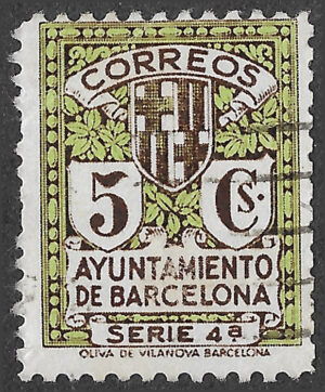 S392 – Spain 1932 – Ayuntamiento de Barcelona, Serie 4ª – 5 céntimos Yellow-green and dark brown – specialised Edifil reference pending – Used