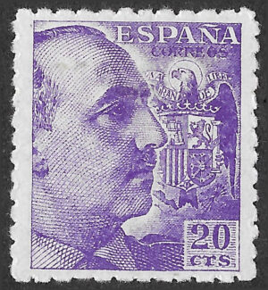 S447 – Spain 1940 – General Franco – 20 Céntimos Violet – Edifil 922 – MH, Without Engraver Surname