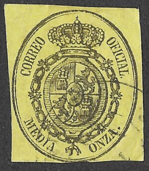 Spain. 1855. Official Service — ½ Onza — Oval Coat of Arms. Black on yellow paper. EDIFIL 35. Cancelled. S148