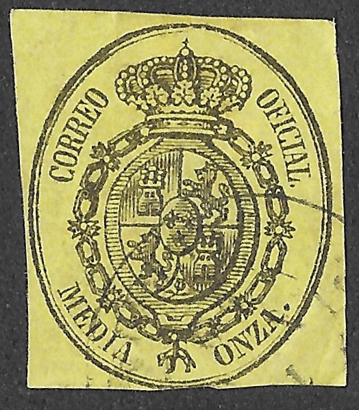 Spain. 1855. Official Service — ½ Onza — Oval Coat of Arms. Black on yellow paper. EDIFIL 35. Cancelled. S148