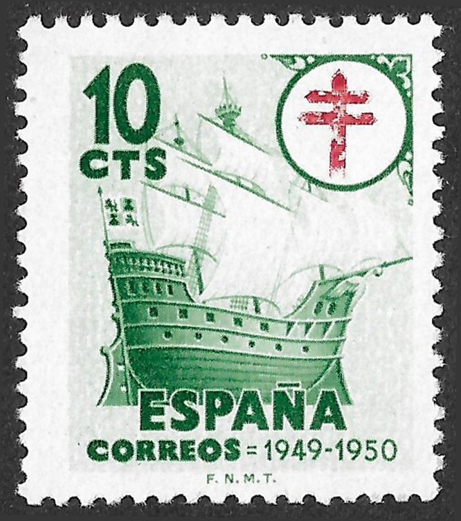 S466 – Spain 1949 Pro Tuberculosos — Sailing Ship, 10 céntimos, Edifil 1067, MNH