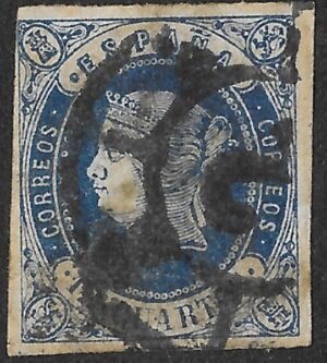 Spain. 1862. Queen Isabella II - Colored Paper. 12 cuartos azul sobre rosa. 59. Cancelled. S158