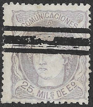 Spain. 1870. Allegory of Spain. Definitives Issue. 25 Milésimas de Escudo Pale Lilac. EDIFIL 106. Cancelled. S170