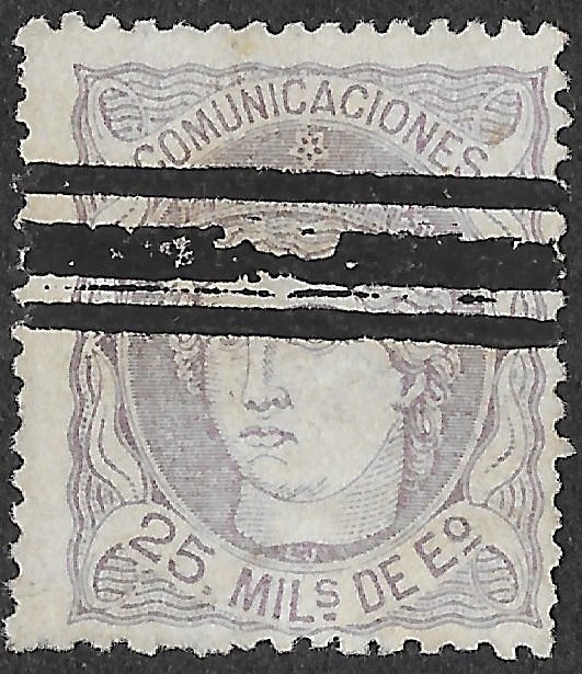 Spain. 1870. Allegory of Spain. Definitives Issue. 25 Milésimas de Escudo Pale Lilac. EDIFIL 106. Cancelled. S170