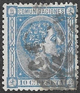 Spain. 1875. King Alfonso XII - Blue Framed Numbers on Backside, 1-100 on each sheet. 10 CÉNTIMOS BLUE. EDIFIL 164. Cancelled. S188