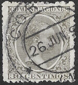 Spain. 1889. King Alfonso XIII. 30 CÉNTIMOS BRONZE GREEN. EDIFIL 222 Cancelled. S217