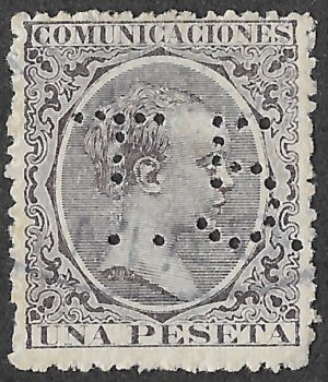 Spain. 1889. King Alfonso XIII. 1 PESETA BLACKISH VIOLET T5 PUNCH. EDIFIL 226 Cancelled. S223