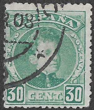 Spain. 1901. King Alfonso XIII. 30 CÉNTIMOS YELLOWISH GREEN. EDIFIL 249 Cancelled. S235