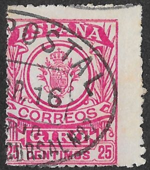 Spain. 1911. Giro Postal. 25 CÉNTIMOS CARMINE. Specialised Giro Postal number pending verification Cancelled. S258