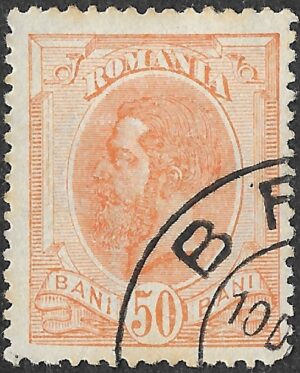 Romania. 1893-1898. King Karl I. Different Watermark and New Values. 50 Bani. Orange. Mi 107Y. Perf. L13½ × 13½. Cancelled. S112