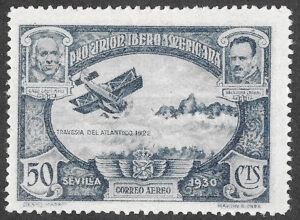 S338 – Spain 1930 – Pro Unión Iberoamericana — Correo Aéreo – Gago Coutinho and Sacadura Cabral — South Atlantic crossing, 1922 – 50 céntimos – Edifil 586 – MH
