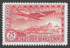 S369 – Spain 1931 – III Pan-American Postal Union Congress airmail, aircraft above Madrid – 25 céntimos – Edifil 616 – MNH