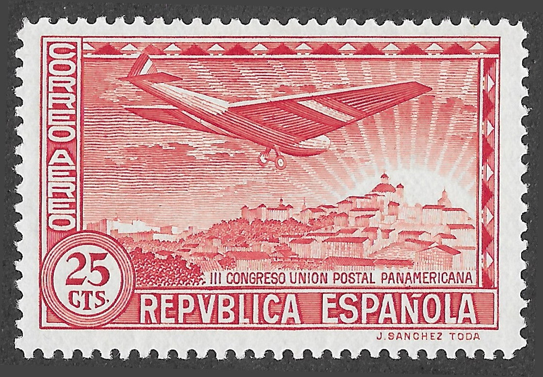 S369 – Spain 1931 – III Pan-American Postal Union Congress airmail, aircraft above Madrid – 25 céntimos – Edifil 616 – MNH