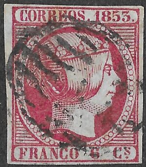 Spain. 1853. Queen Isabella II. 6 Cuartos Rose. Rose. EDIFIL 17. Cancelled. S143