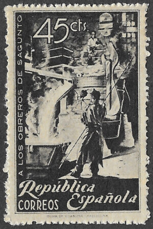 S423 – Spain 1938 – Sagunto steelworkers inside industrial steelworks – 45 céntimos – Edifil 773 – MH