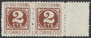 S430 – Spain 1937 – Estado Español – 2 Céntimos – MNH Horizontal Pair with Right Sheet Margin – Edifil 815